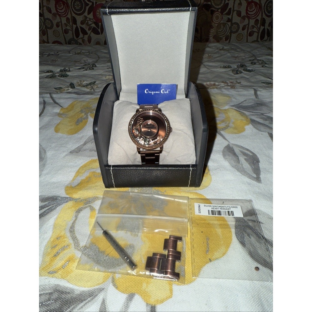 NEW Origami Owl Signature Floating Charm Watch: Chocolate Plus Band Bezel Box A1